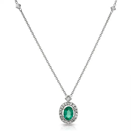 0.74 Ct Oval Shaped Emerald & Diamond Accent Halo Drop Pendant in 18K White Gold