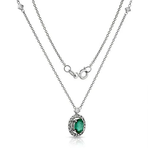 0.74 Ct Oval Shaped Emerald & Diamond Accent Halo Drop Pendant in 18K White Gold