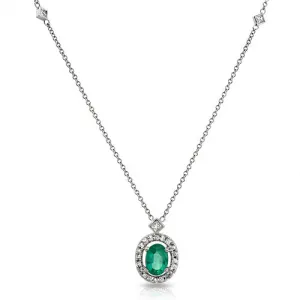 0.74 Ct Oval Shaped Emerald & Diamond Accent Halo Drop Pendant in 18K White Gold