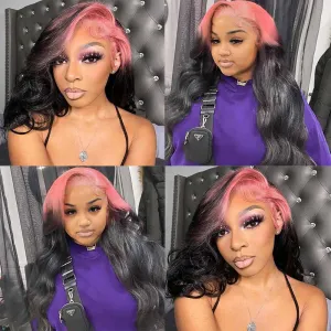 13x4 Lace Front Wigs Pink Roots on Black Hair Wig Human Hair150% Density