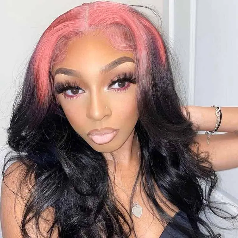 13x4 Lace Front Wigs Pink Roots on Black Hair Wig Human Hair150% Density