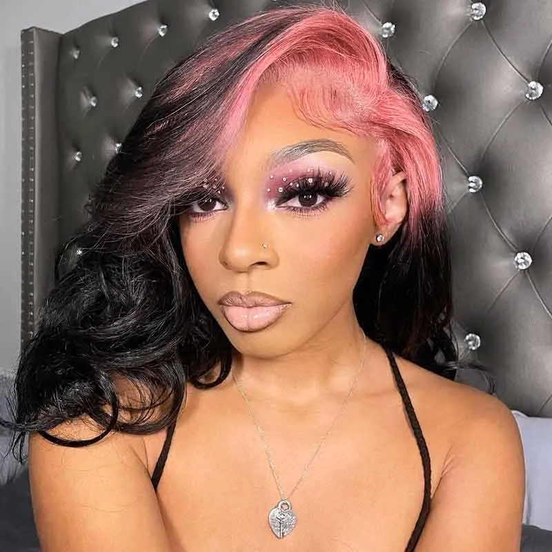 13x4 Lace Front Wigs Pink Roots on Black Hair Wig Human Hair150% Density