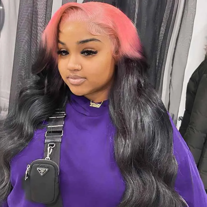 13x4 Lace Front Wigs Pink Roots on Black Hair Wig Human Hair150% Density