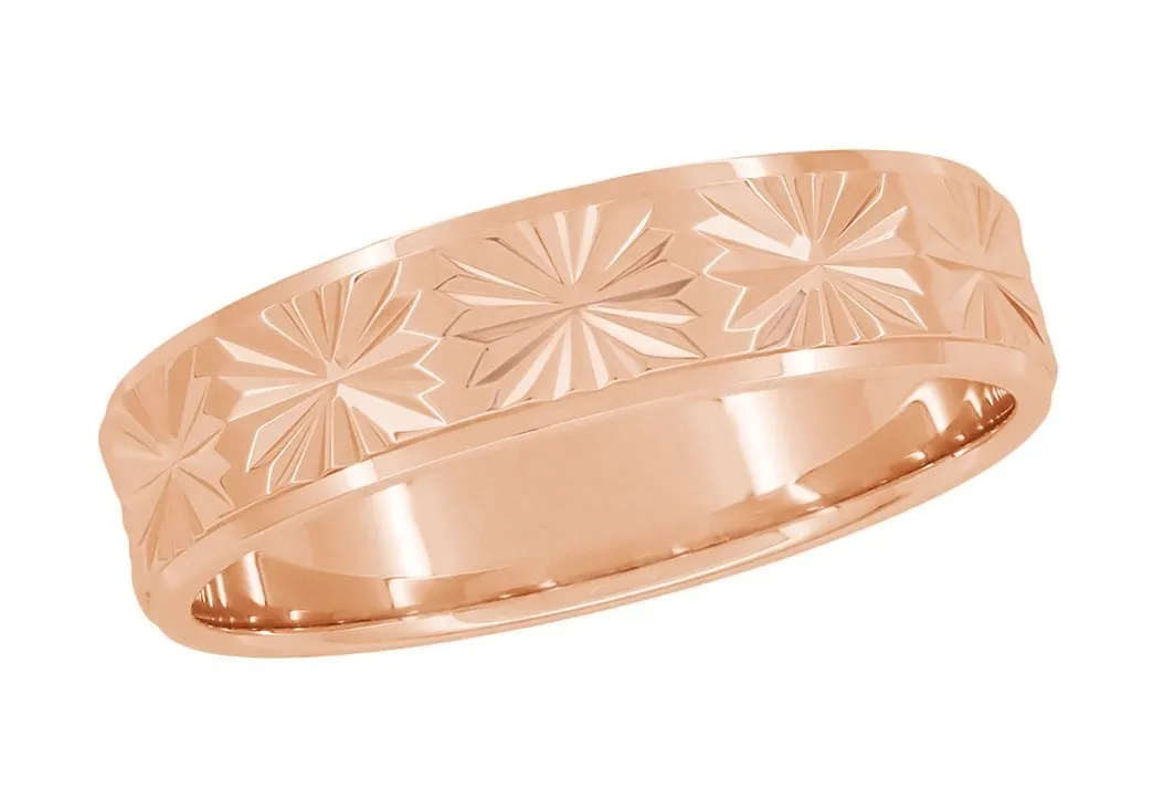 14 Karat Rose Gold Engraved Stars 1960's Mid Century Modern Wedding Band - 5mm Wide