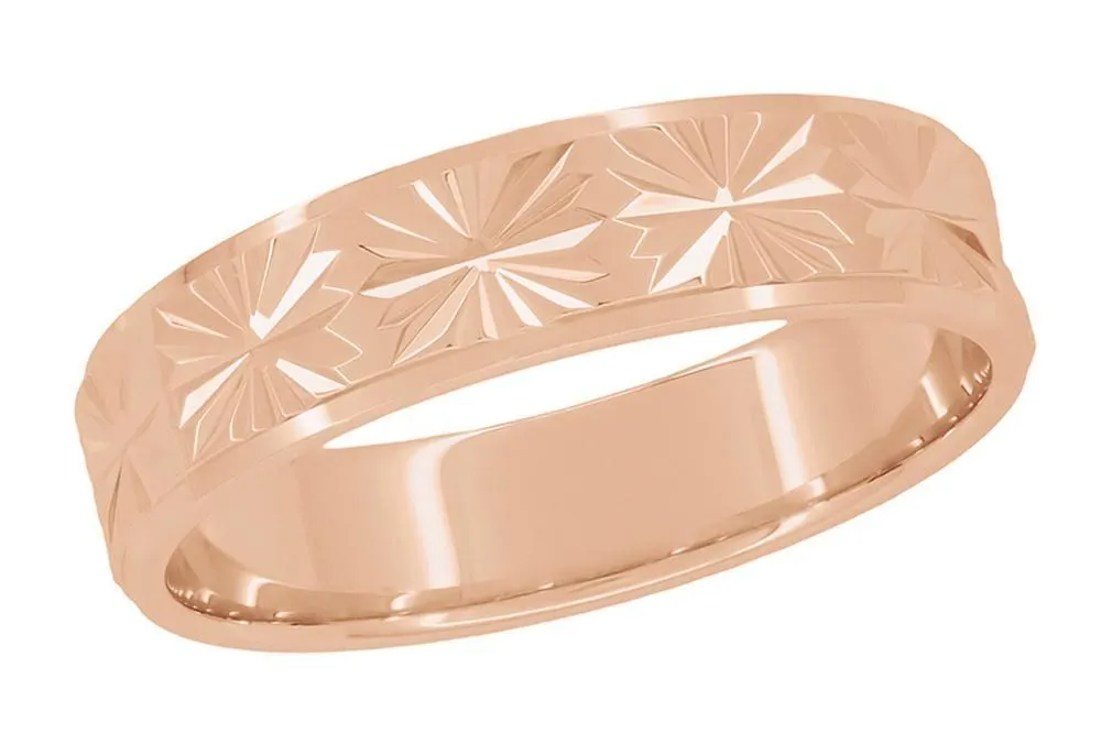 14 Karat Rose Gold Engraved Stars 1960's Mid Century Modern Wedding Band - 5mm Wide