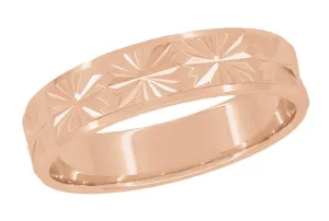 14 Karat Rose Gold Engraved Stars 1960's Mid Century Modern Wedding Band - 5mm Wide