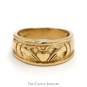 14k Yellow Gold Claddagh Style Wedding Band with Ridged Design - Size 8.5