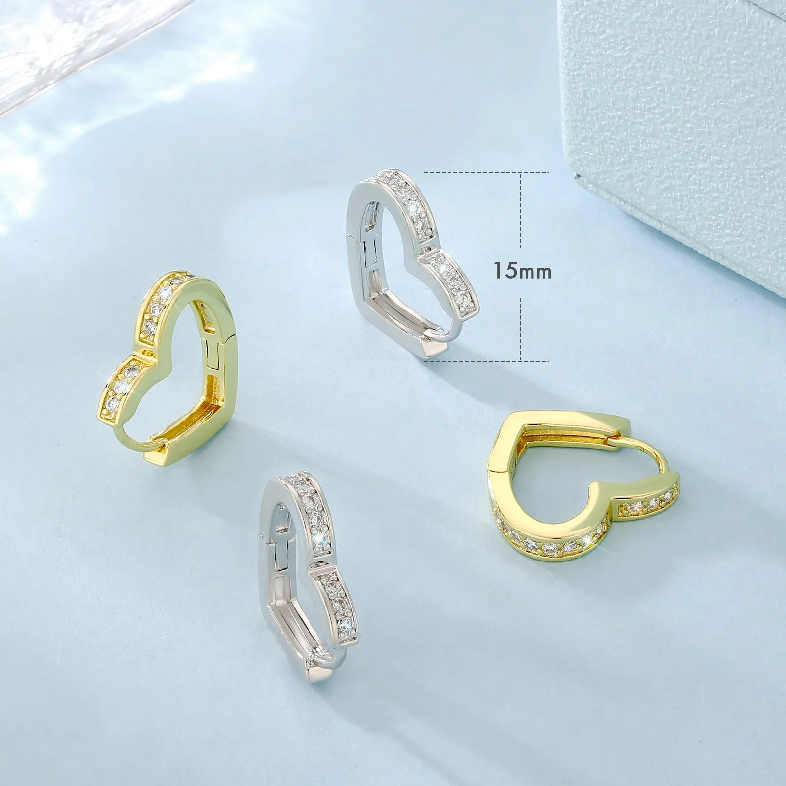 15mm S925 CZ Diamond Heart Hoop Earrings for Women