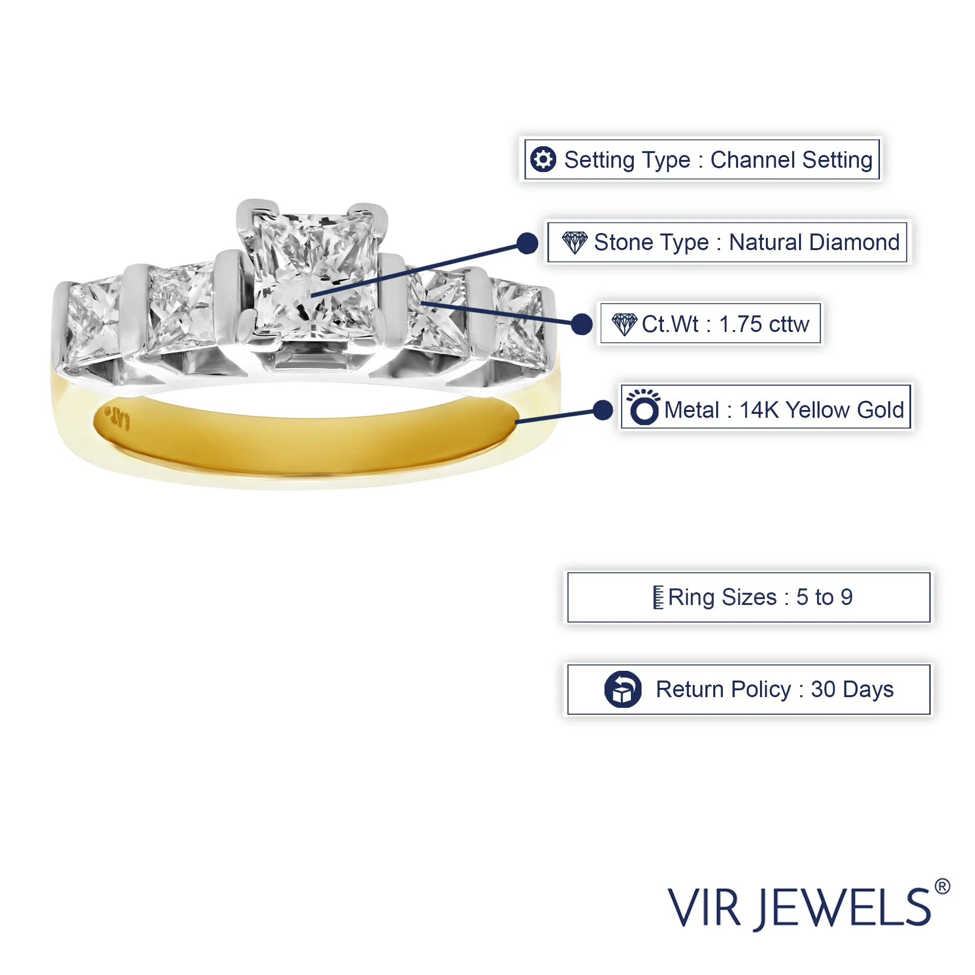 1.75 cttw Diamond Princess Engagement Rings in 14K Yellow Gold