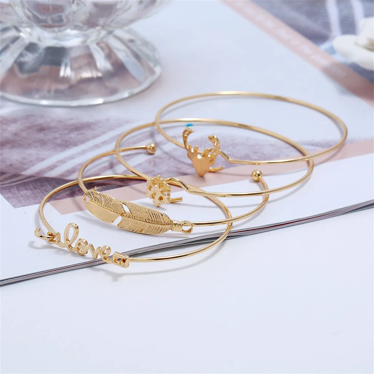 18K Gold-Plated 'Love' Snowflake Antlers Bangle & Cuff Set