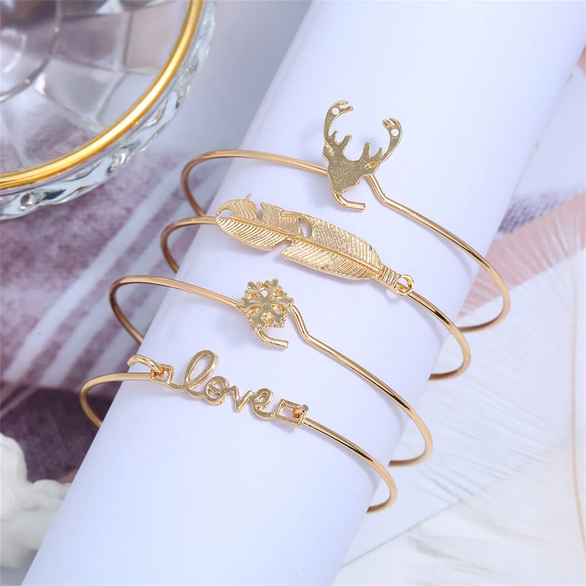 18K Gold-Plated 'Love' Snowflake Antlers Bangle & Cuff Set