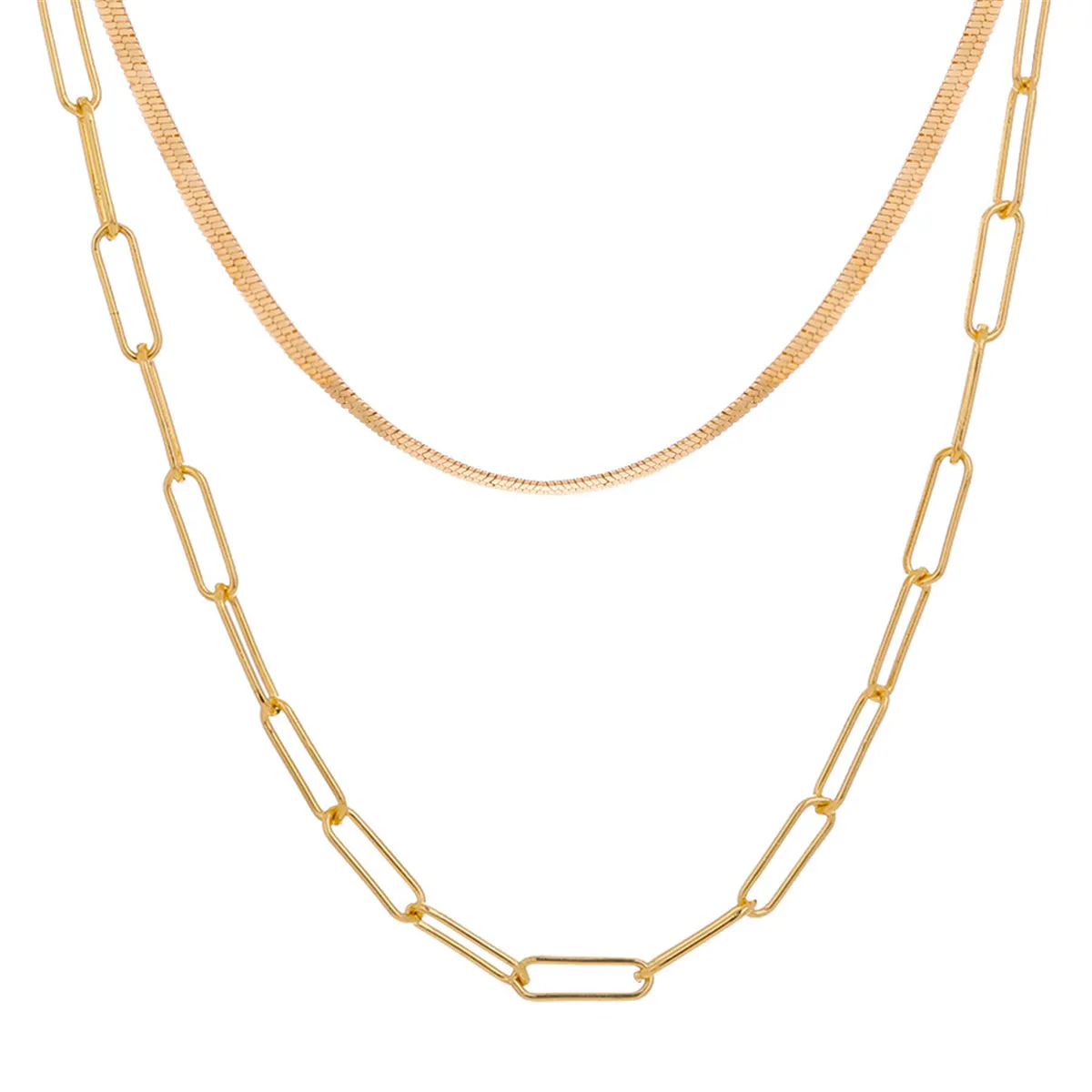 18K Gold-Plated Snake Chain & Open Rectangle Chain Layered Necklace