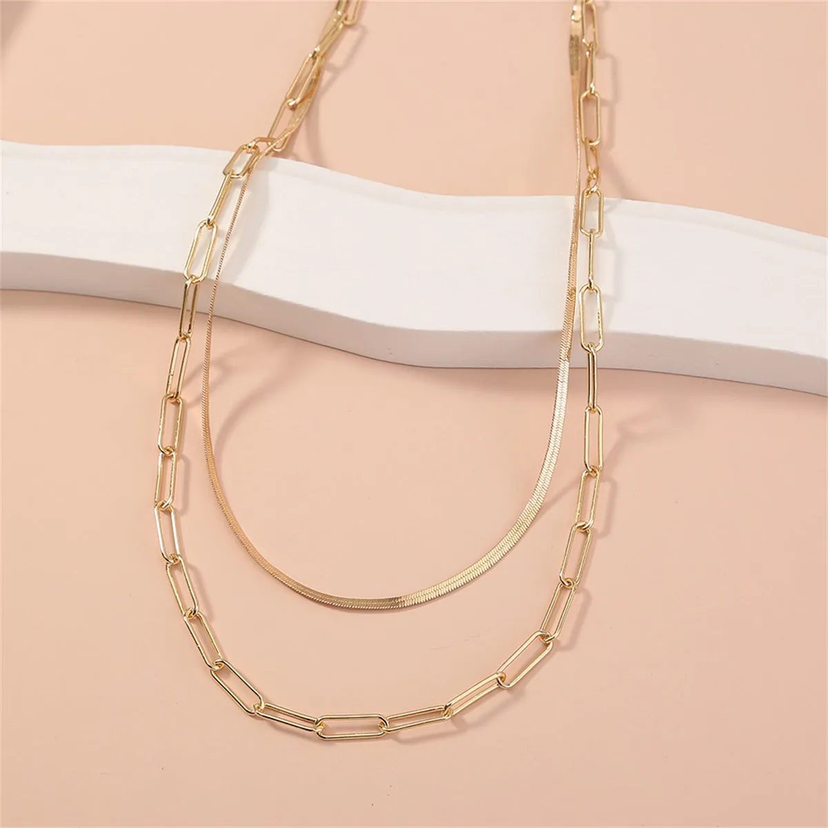18K Gold-Plated Snake Chain & Open Rectangle Chain Layered Necklace