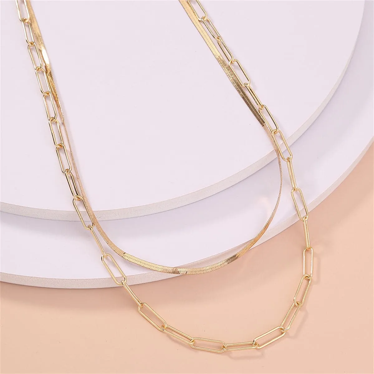 18K Gold-Plated Snake Chain & Open Rectangle Chain Layered Necklace