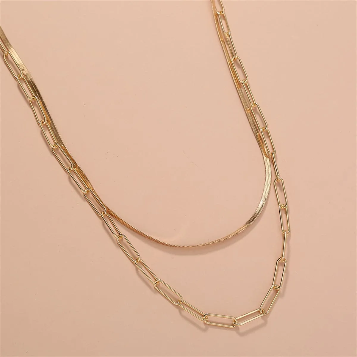 18K Gold-Plated Snake Chain & Open Rectangle Chain Layered Necklace