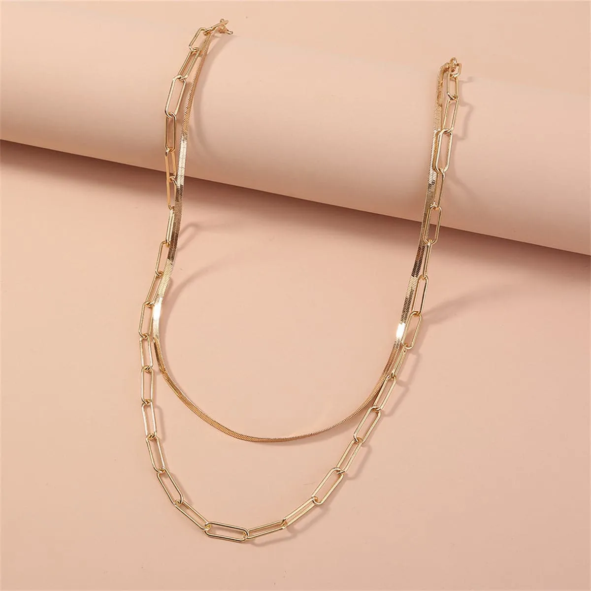 18K Gold-Plated Snake Chain & Open Rectangle Chain Layered Necklace