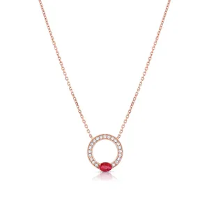 18K Rose Gold Diamond and Oval Ruby Round Pendant Necklace