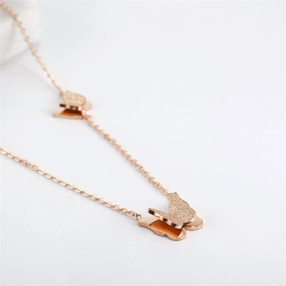 18K Rose Gold-Plated Double Frosted Butterfly Pendant Necklace