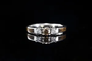 3 STONE WHISKEY BARREL WOOD ENGAGEMENT RING WITH COGNAC DIAMOND