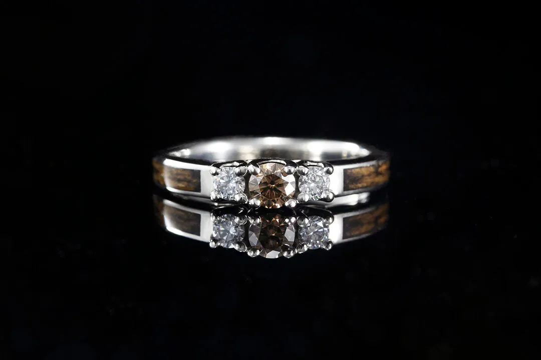 3 STONE WHISKEY BARREL WOOD ENGAGEMENT RING WITH COGNAC DIAMOND