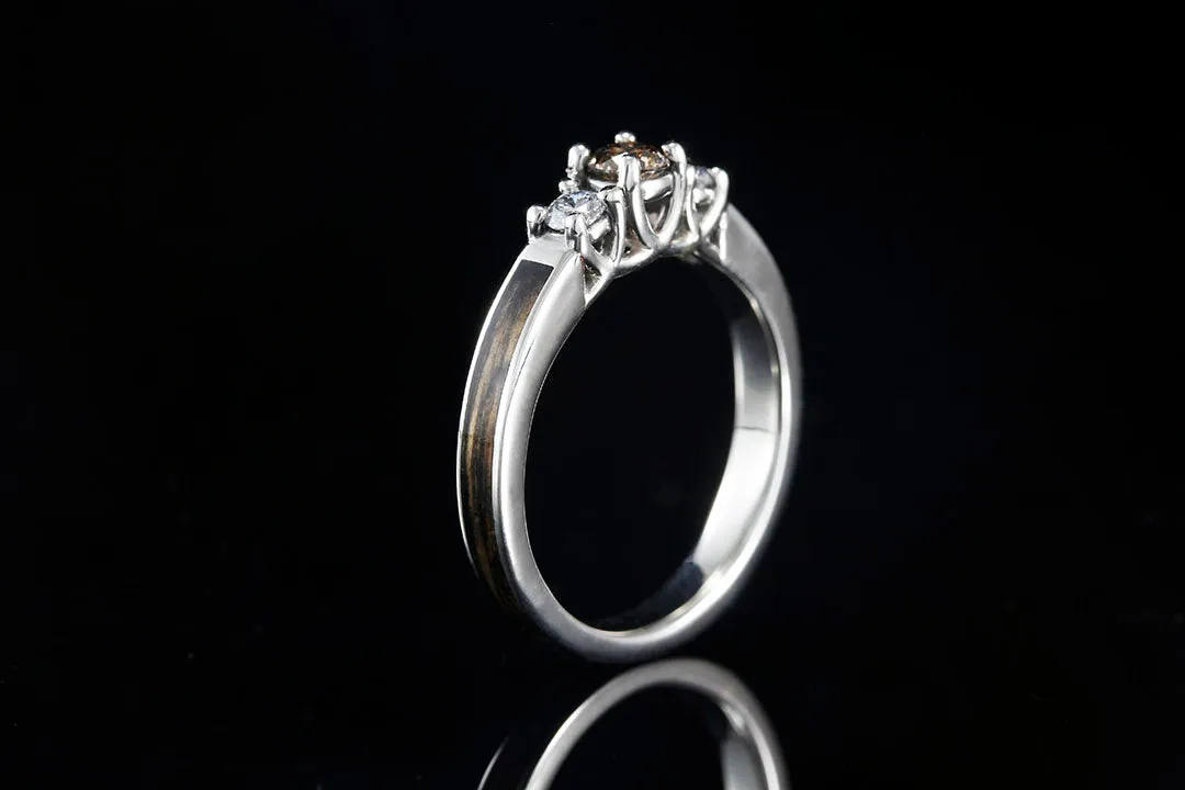 3 STONE WHISKEY BARREL WOOD ENGAGEMENT RING WITH COGNAC DIAMOND