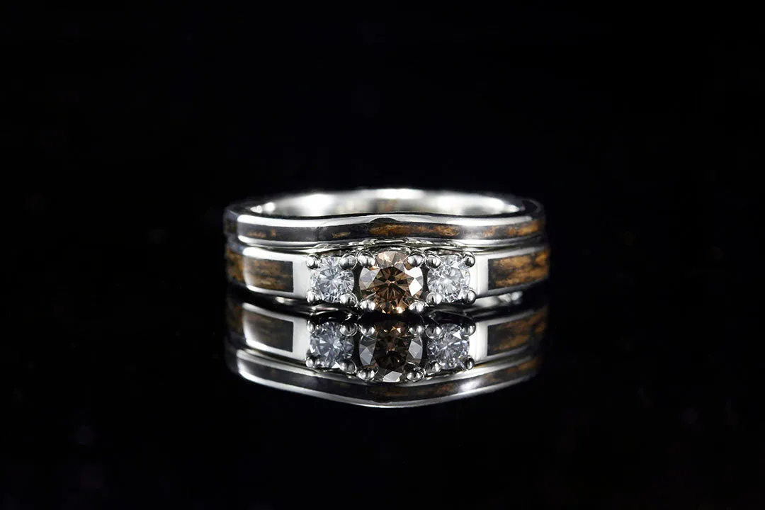 3 STONE WHISKEY BARREL WOOD ENGAGEMENT RING WITH COGNAC DIAMOND