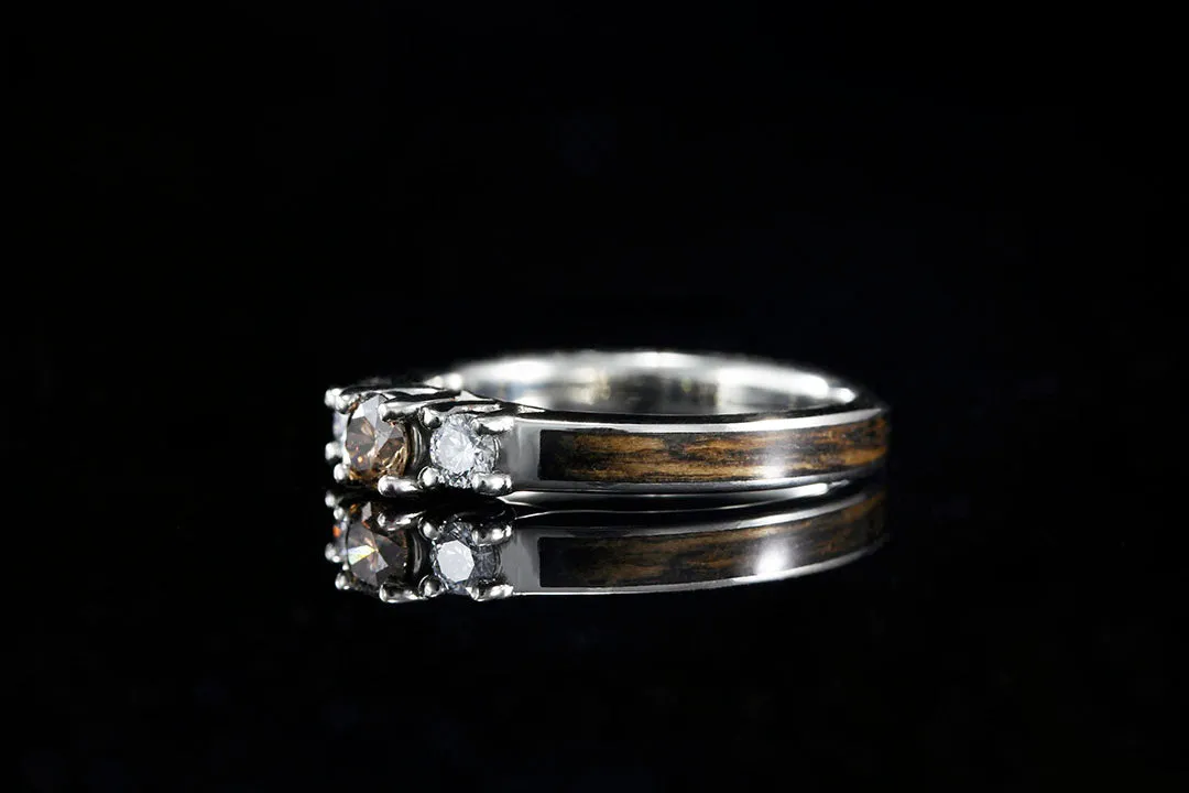 3 STONE WHISKEY BARREL WOOD ENGAGEMENT RING WITH COGNAC DIAMOND