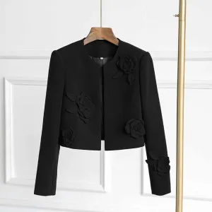3D Flower Embellished Cardigan Black Double Crepe Jacket Short Coat