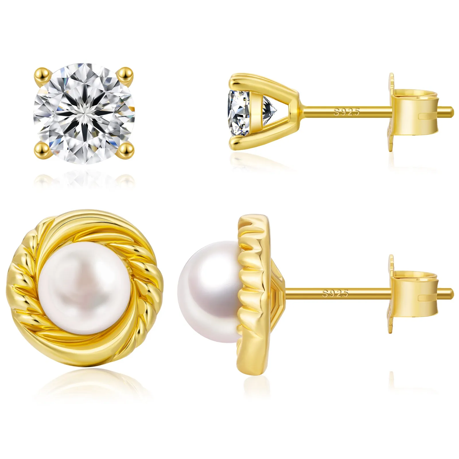 4 Style Pearls Diamond Stud Earrings S925 KRKC