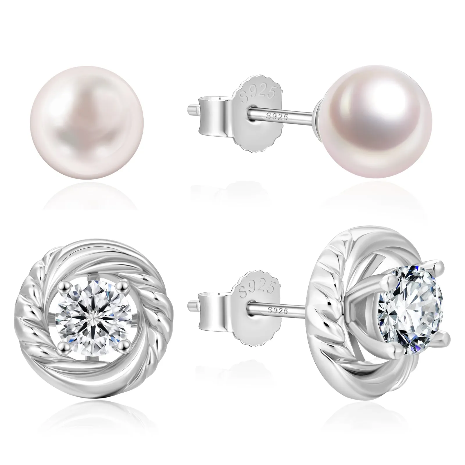 4 Style Pearls Diamond Stud Earrings S925 KRKC