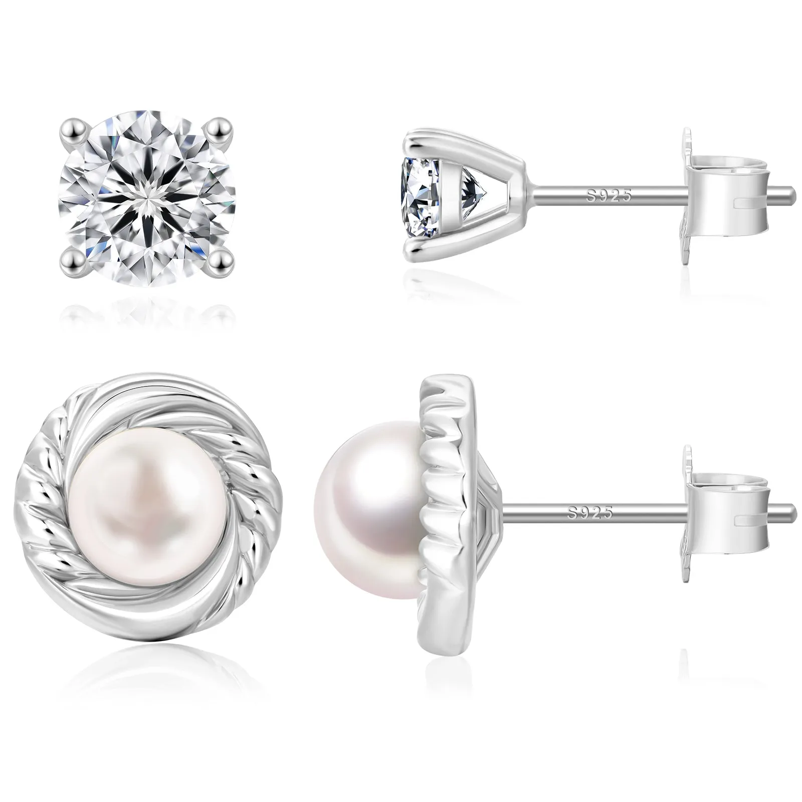 4 Style Pearls Diamond Stud Earrings S925 KRKC