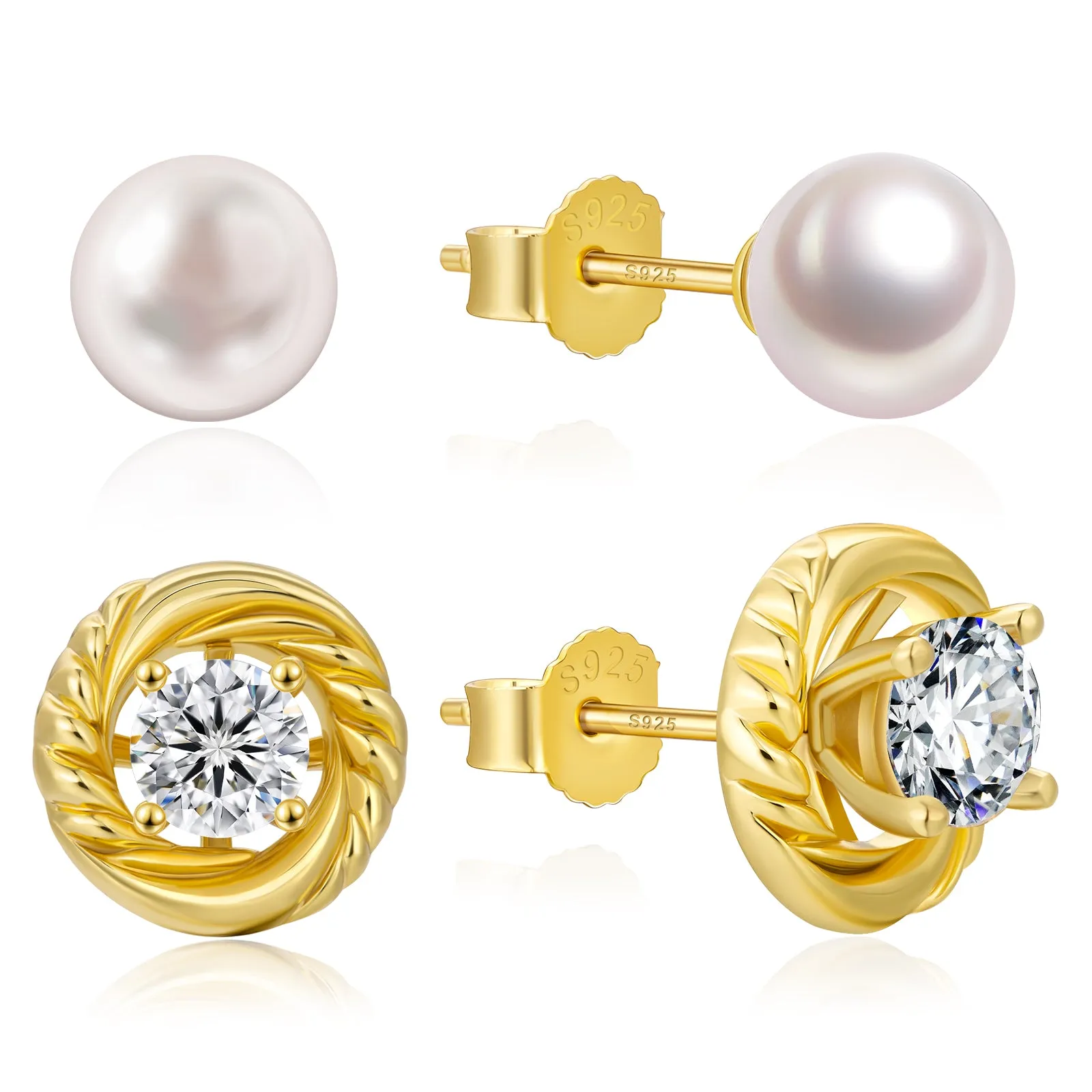4 Style Pearls Diamond Stud Earrings S925 KRKC