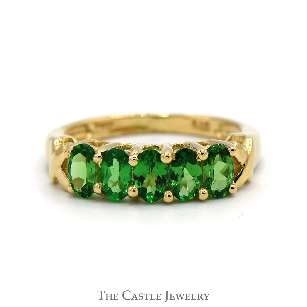 5 Oval Cut Tsavorite Garnet Band in 14k Yellow Gold "X" Design