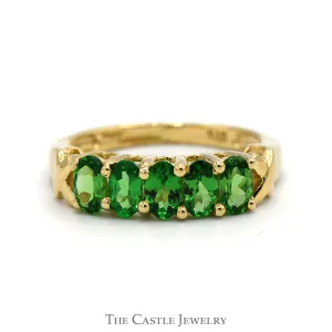 5 Oval Cut Tsavorite Garnet Band in 14k Yellow Gold "X" Design
