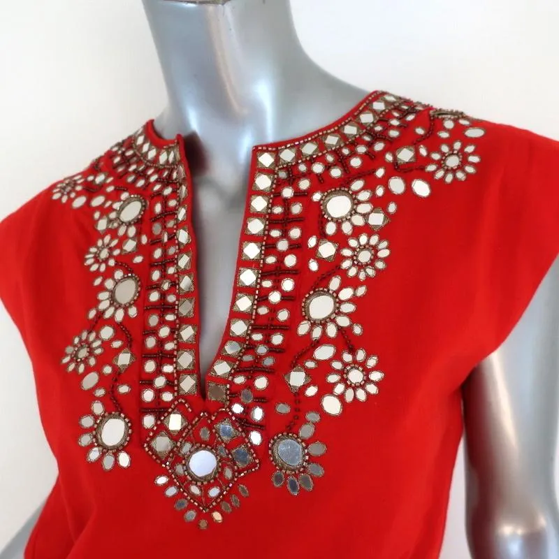 Alice   Olivia Mini Dress Pimmy Red Mirror-Embellished Beaded Cotton Size 6