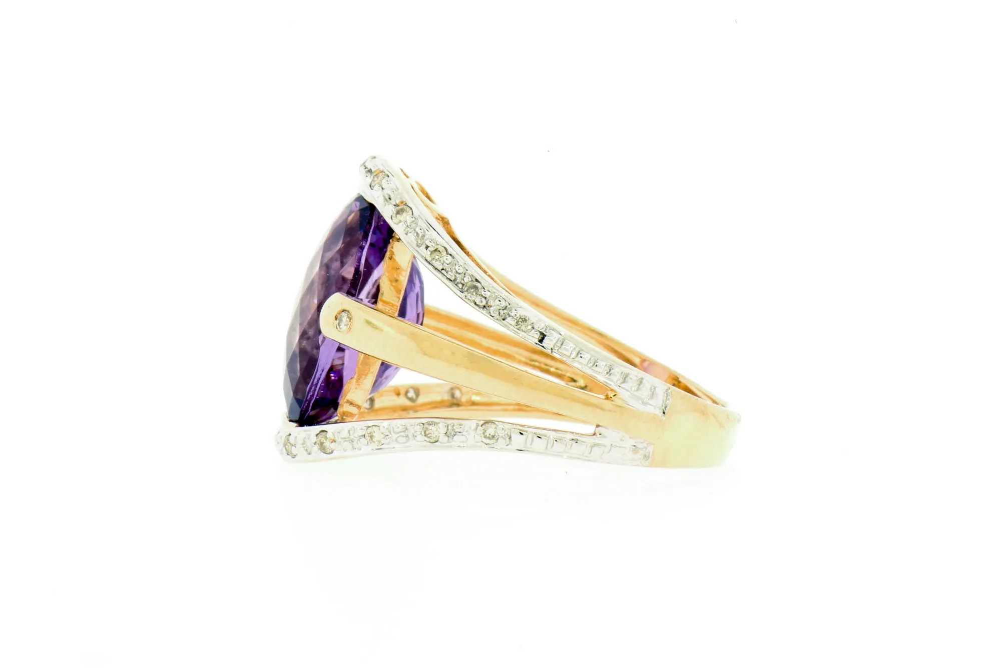 Amethyst & Diamond Ring -14K Yellow Gold - Heart Embellished