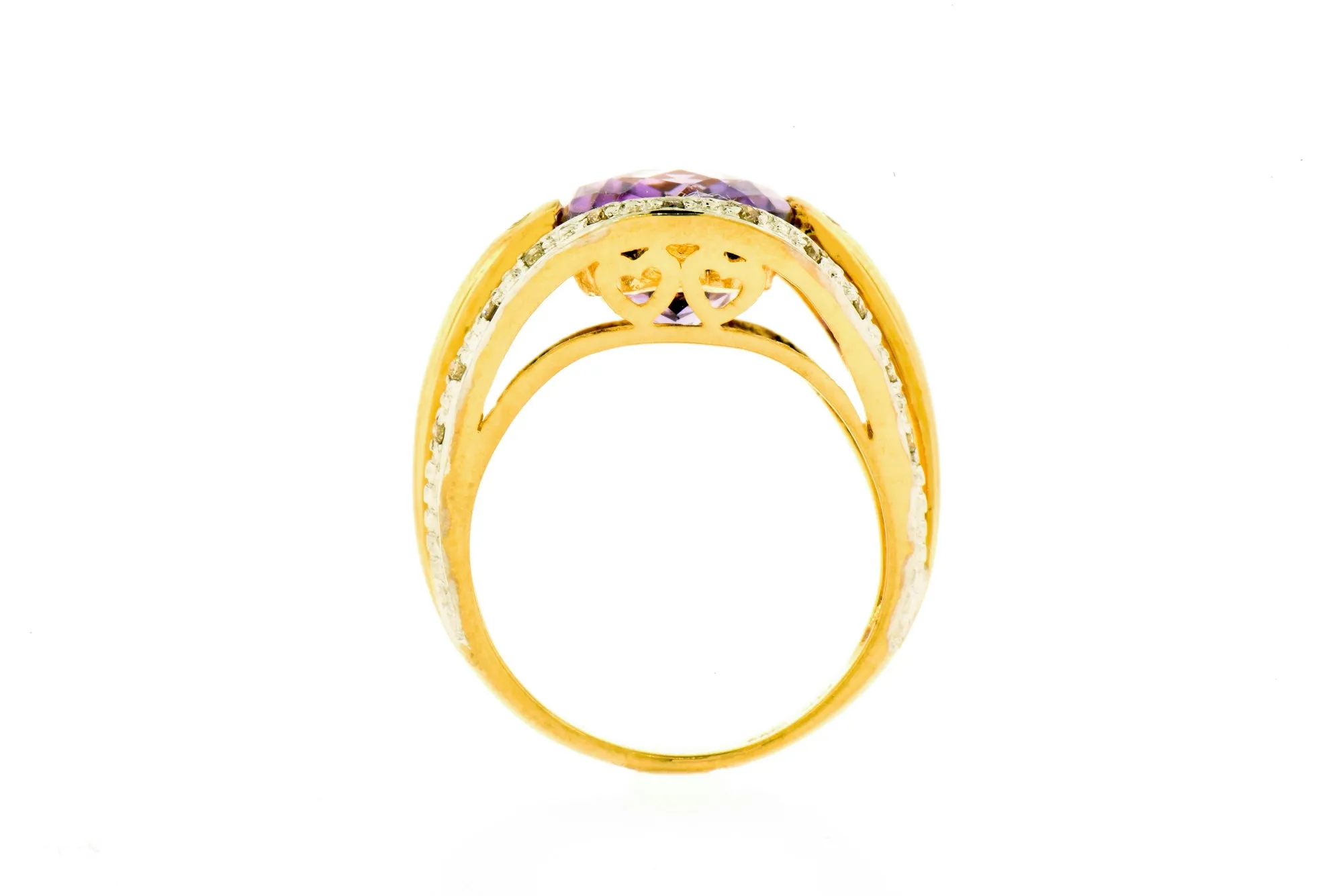 Amethyst & Diamond Ring -14K Yellow Gold - Heart Embellished