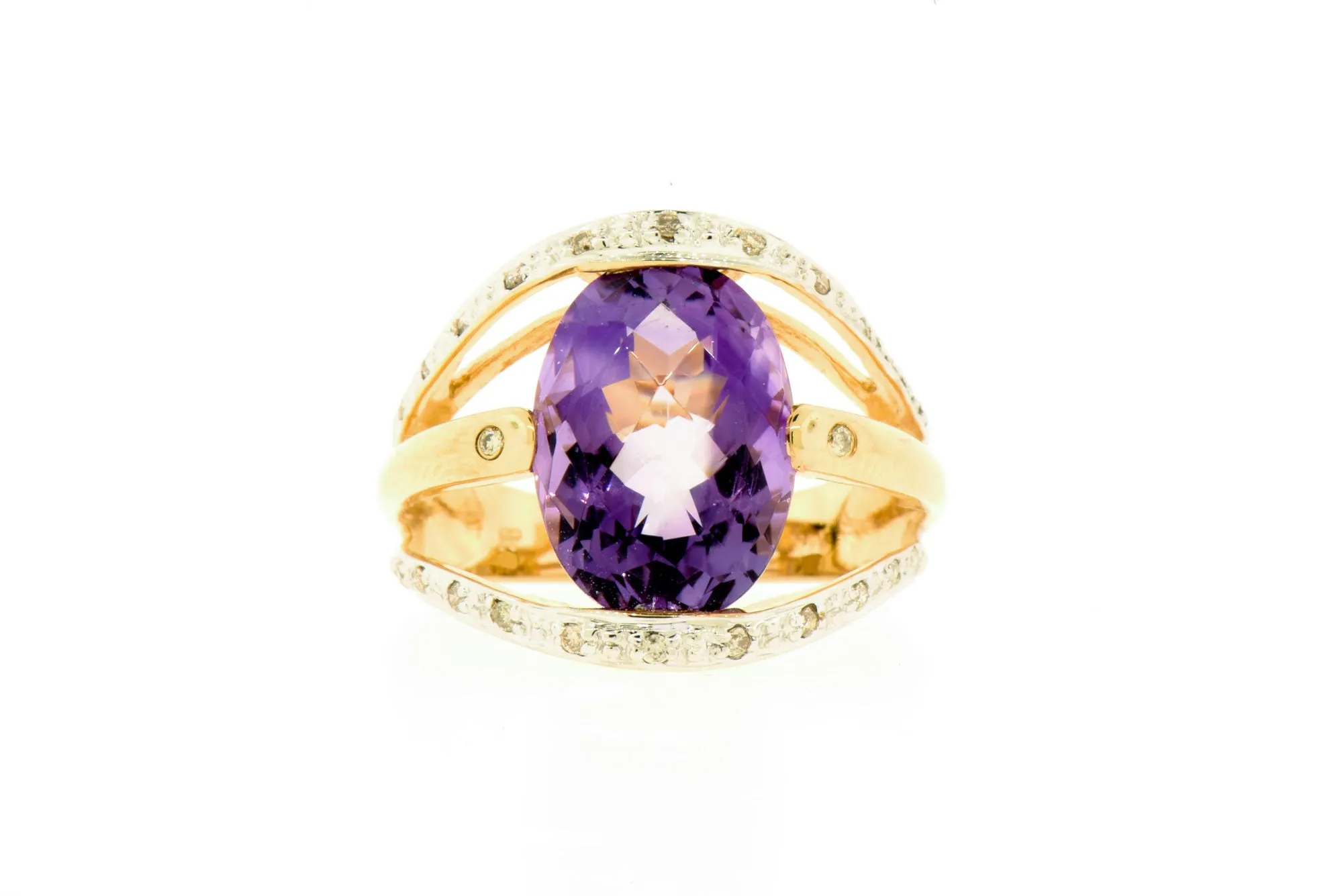 Amethyst & Diamond Ring -14K Yellow Gold - Heart Embellished