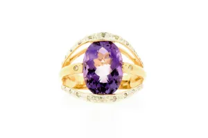 Amethyst & Diamond Ring -14K Yellow Gold - Heart Embellished