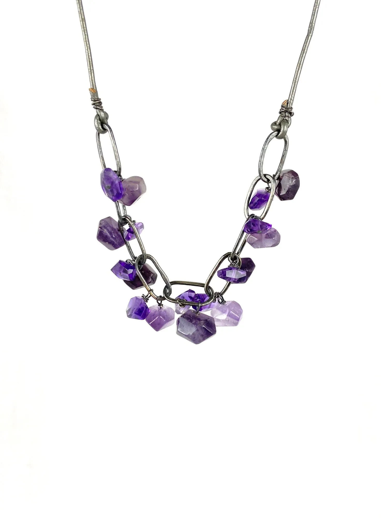Amethyst, leather and silver necklace