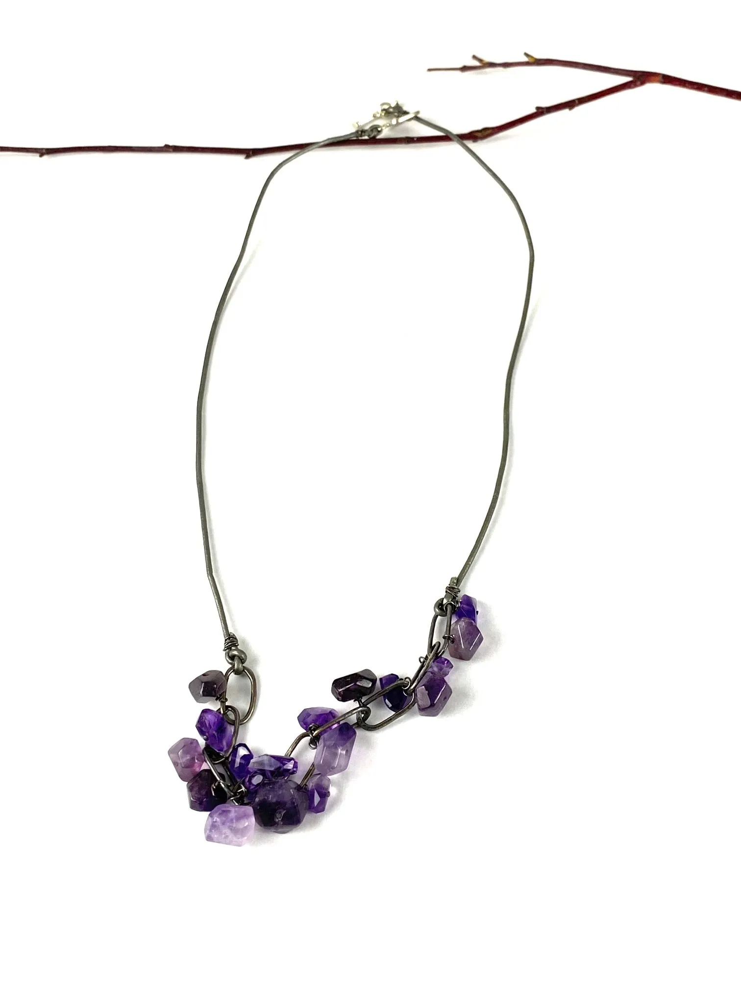 Amethyst, leather and silver necklace