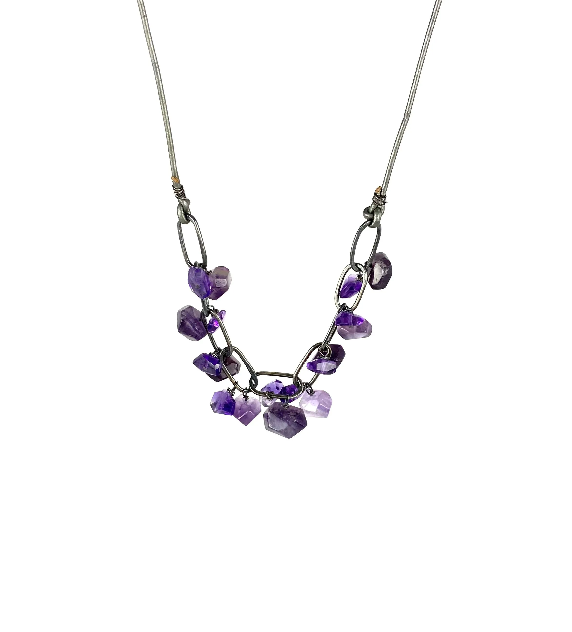 Amethyst, leather and silver necklace