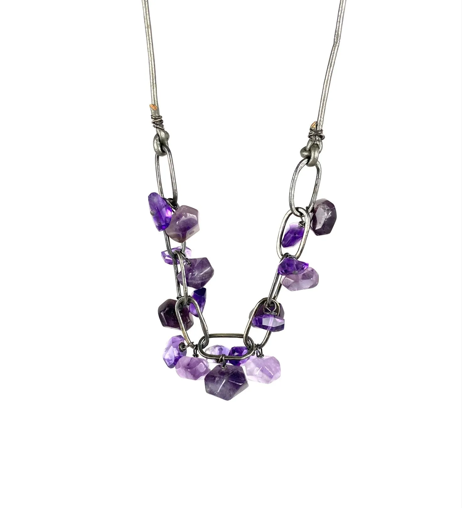 Amethyst, leather and silver necklace