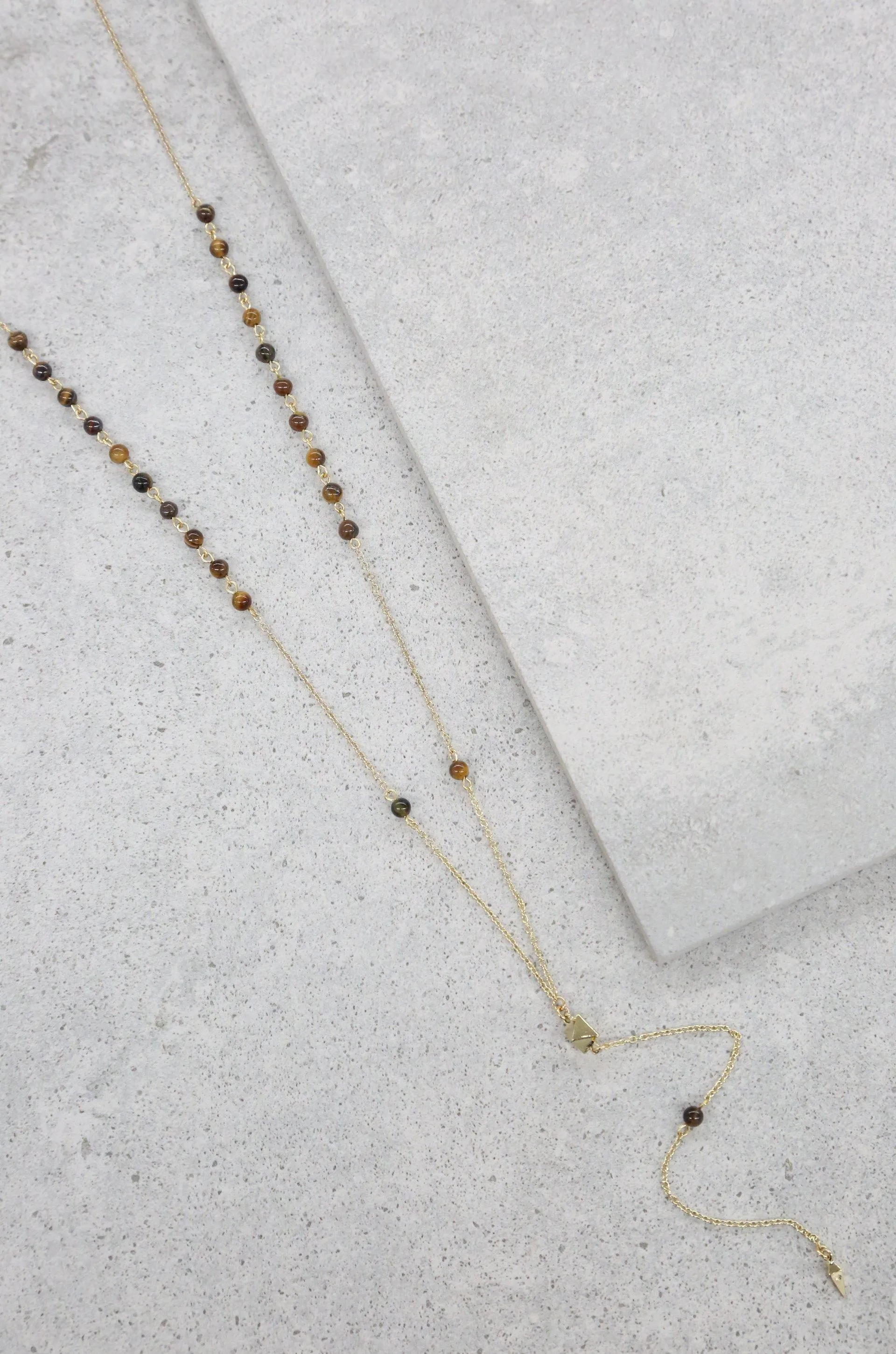 Angel Sigh 18k Gold Plated Lariat in Tiger's Eye