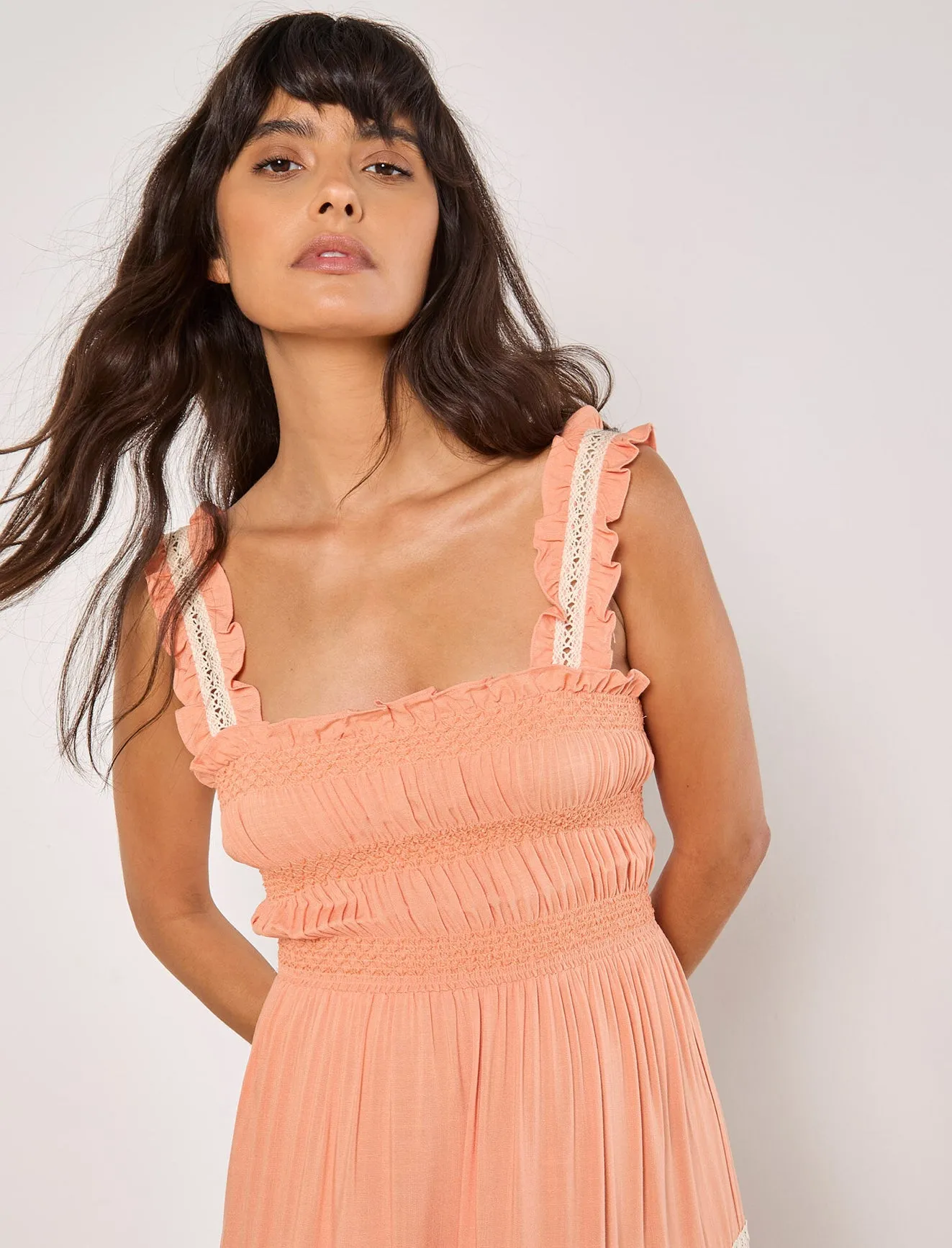 Apricot Crocheted Lace Tiered Dress
