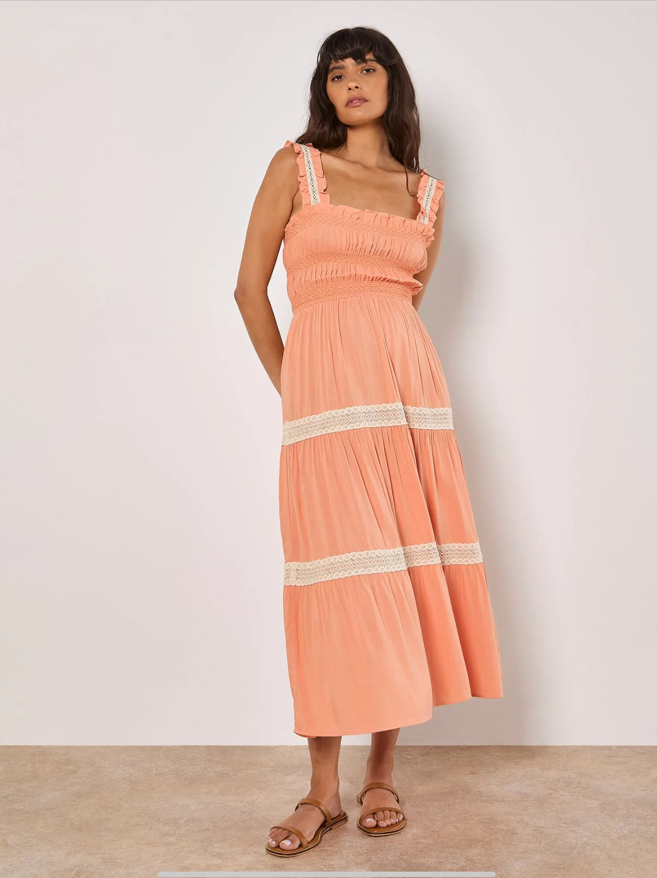 Apricot Crocheted Lace Tiered Dress