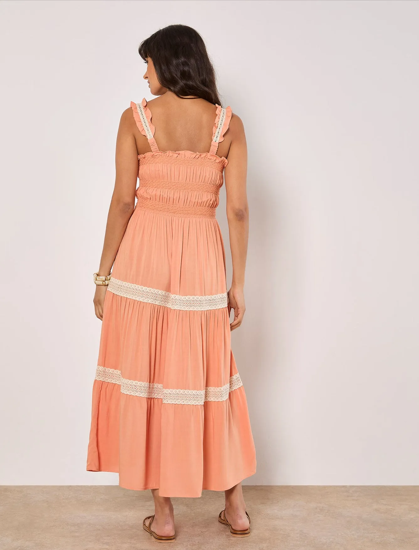 Apricot Crocheted Lace Tiered Dress