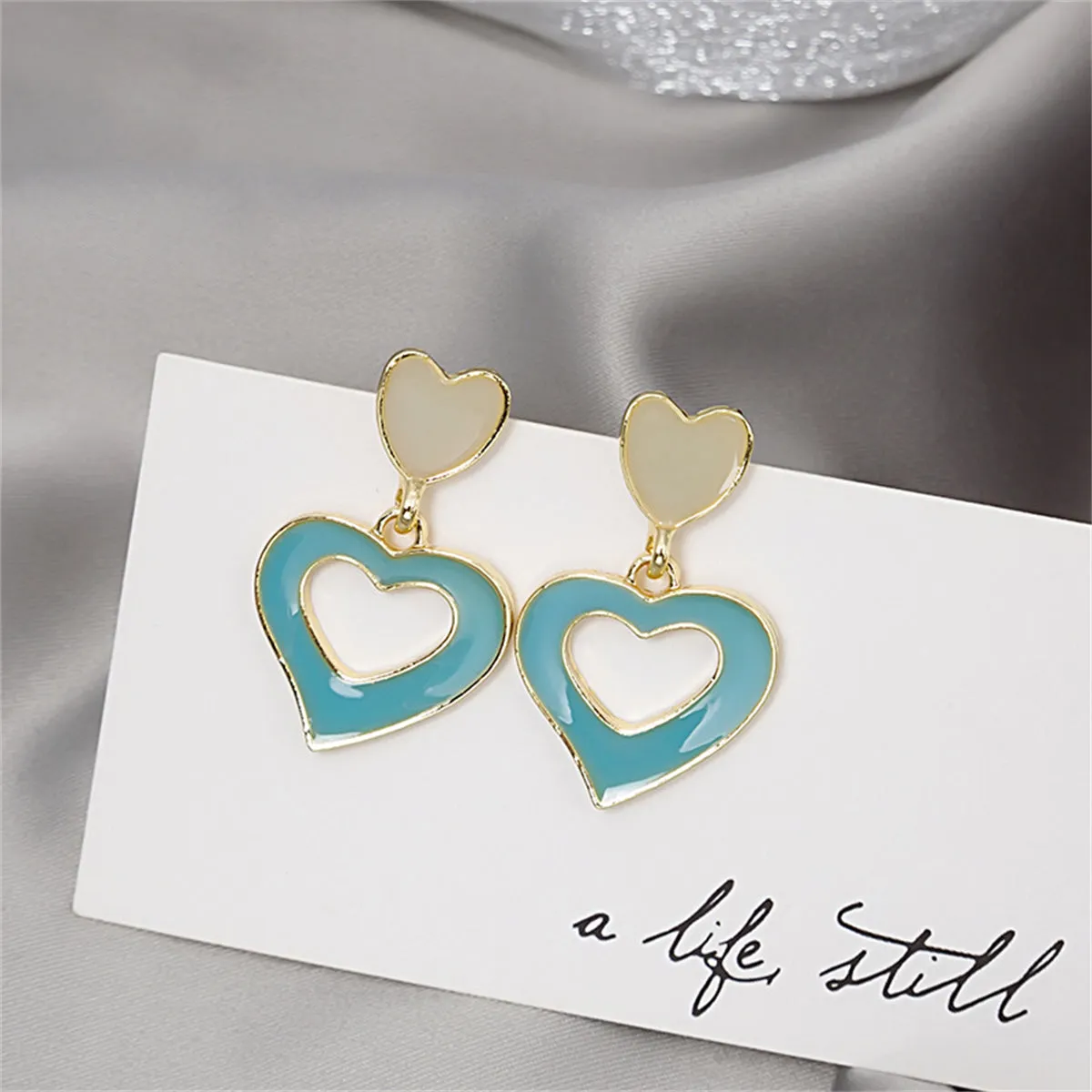 Aqua Enamel & 18K Gold-Plated Open Heart Drop Earrings