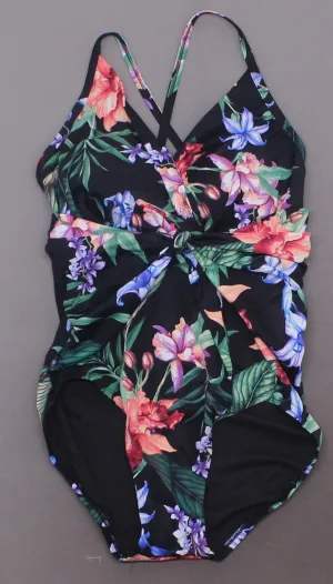 Aqua Green Women's Wrap One Piece Swimsuit Black Floral Medium