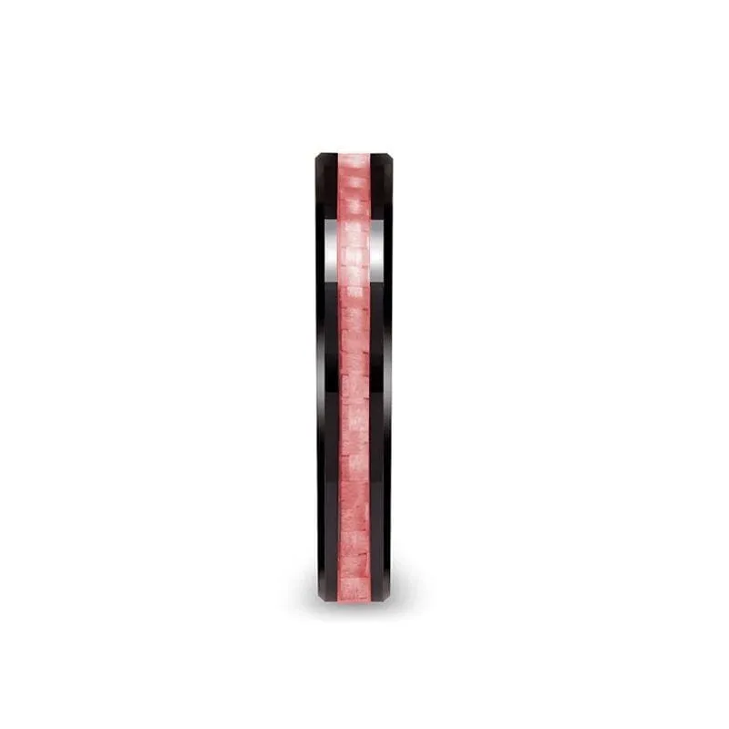BAMBI Women's Black Ceramic Ring With Pink Carbon Fiber Inlay - 4mm & 6 mm